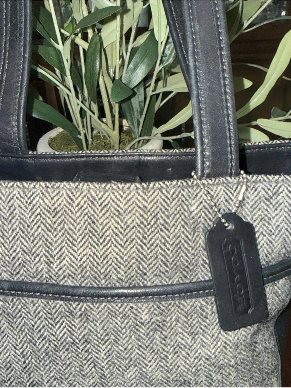 Coach Bleeker Leather-Trim Herringbone Tote Bag - Black & Gray